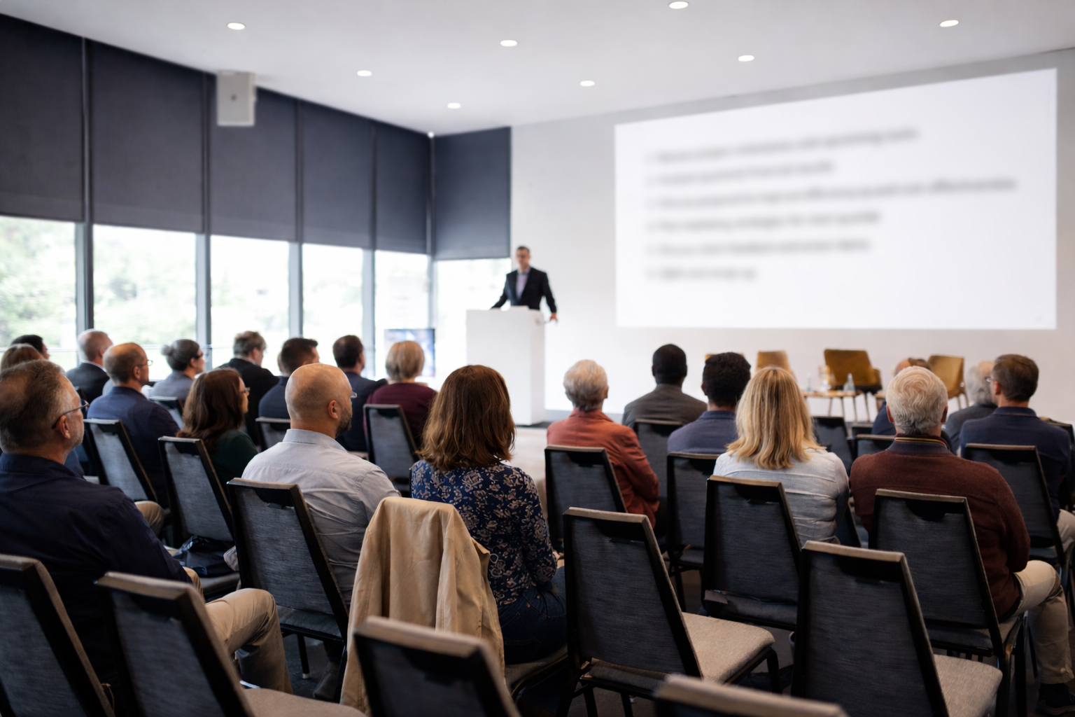 Redner hält einen Vortrag im Konferenzsaal bei einer Veranstaltung. Redner hält einen Vortrag im Konferenzsaal bei einer Veranstaltung.